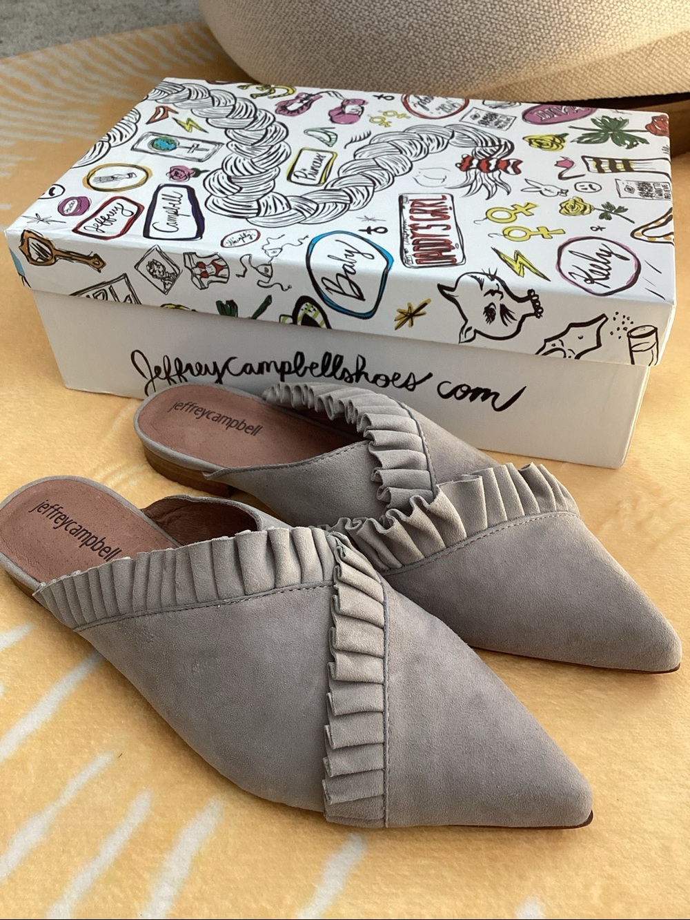 Jeffrey Campbell Taupe Suede Ruffle Pointed-Toe Mules